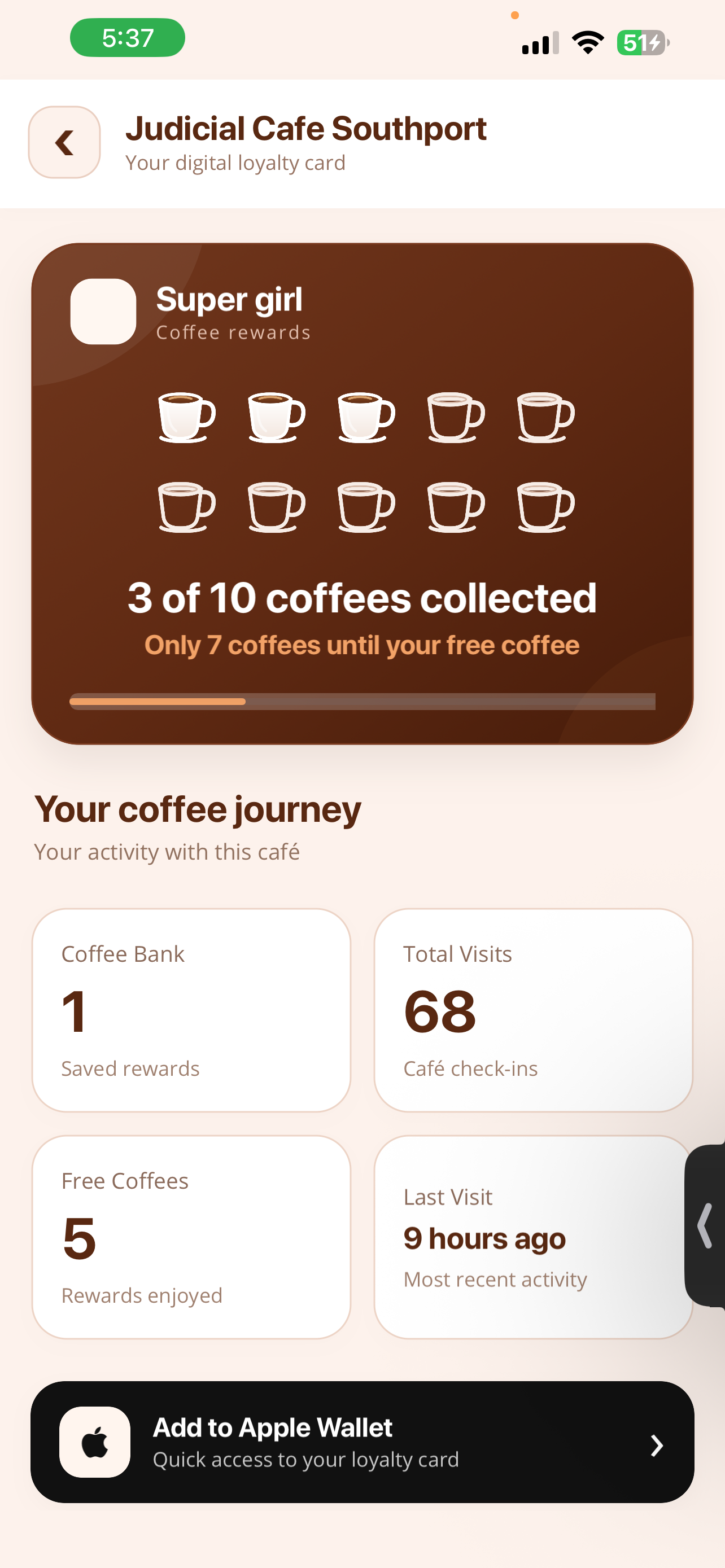 Loyalty Coffee Stamp customer café details screen showing stamp progress, rewards, Coffee Bank and Apple Wallet