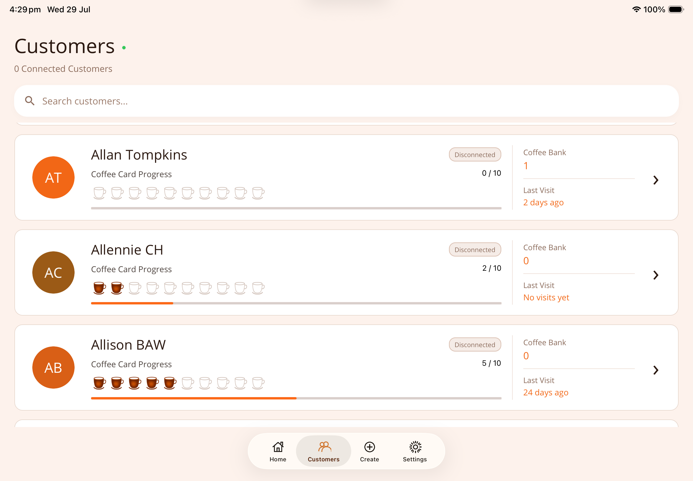 Loyalty Coffee Stamp café dashboard showing customer search, loyalty progress, Coffee Bank and recent visits