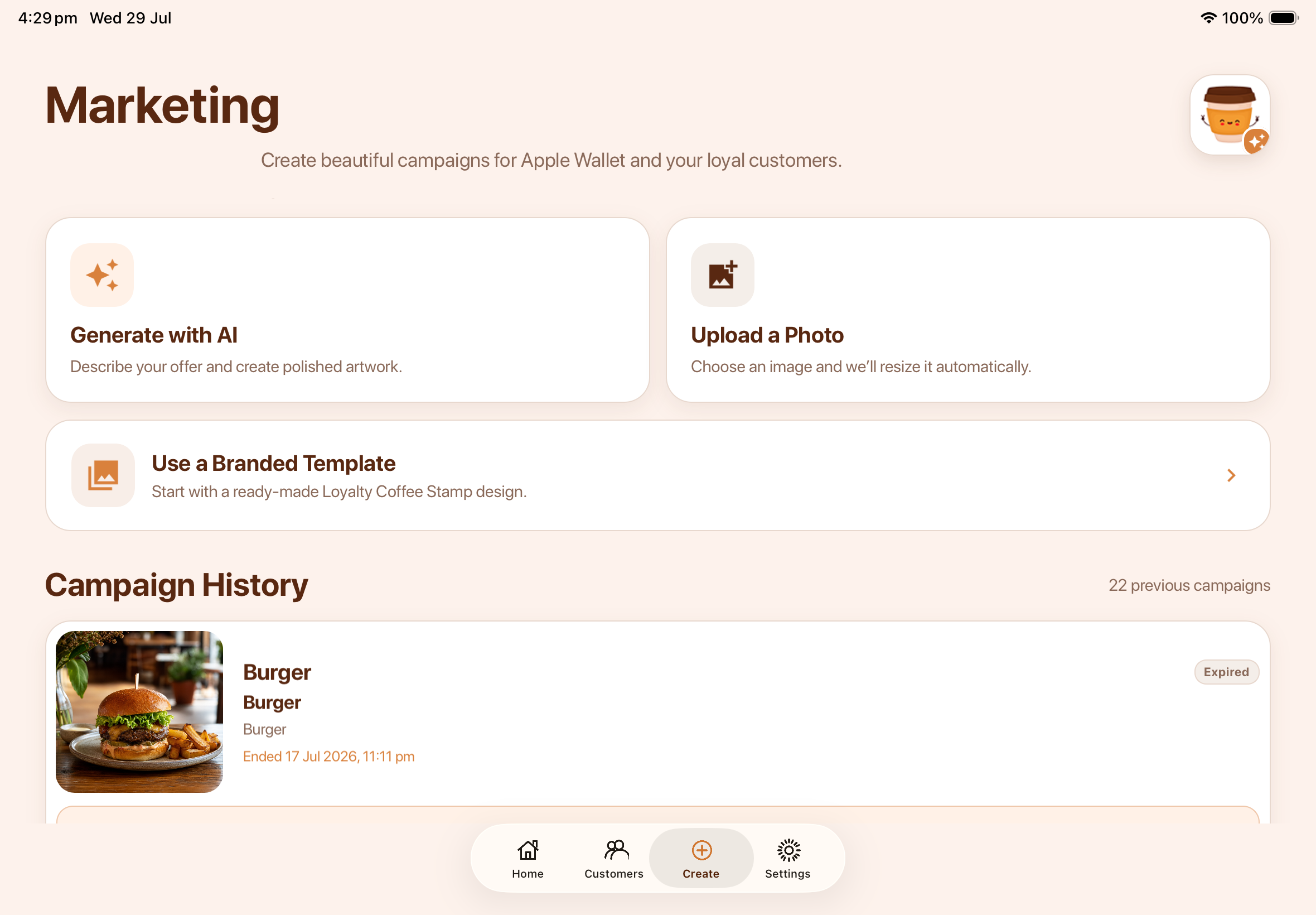 AI campaign creation inside Loyalty Coffee Stamp