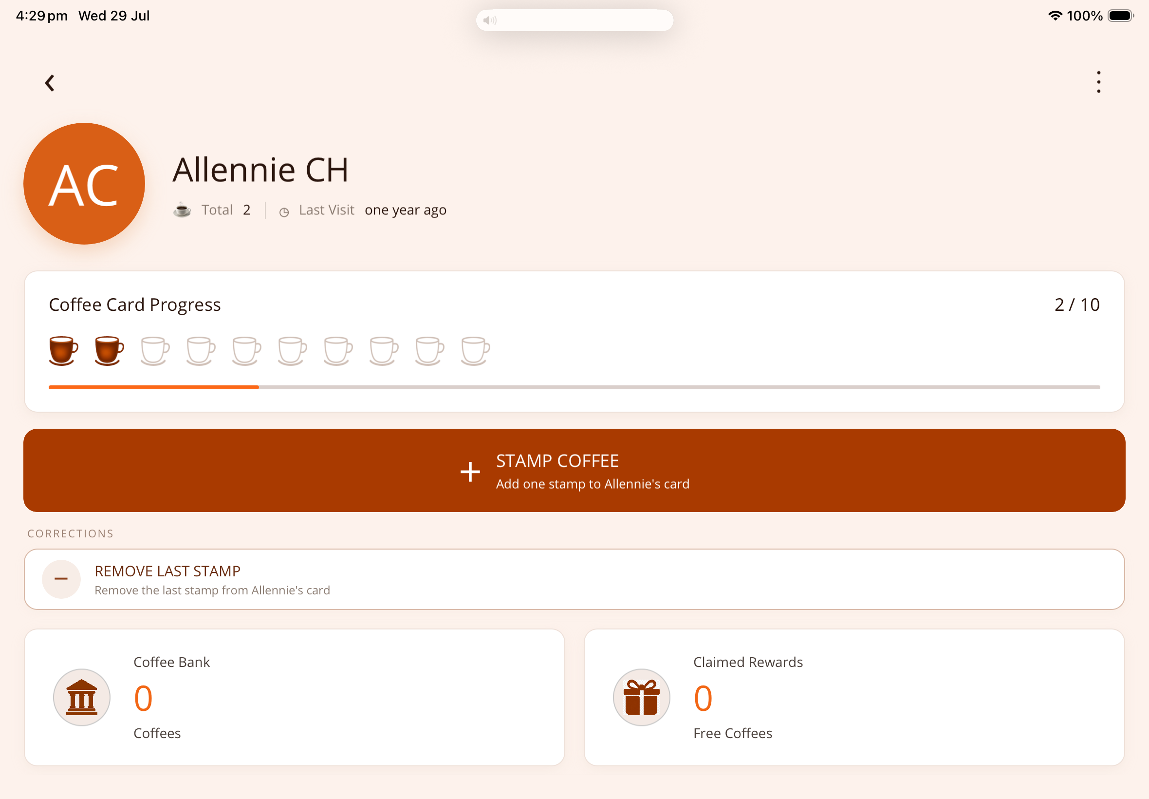Loyalty Coffee Stamp café customer management dashboard